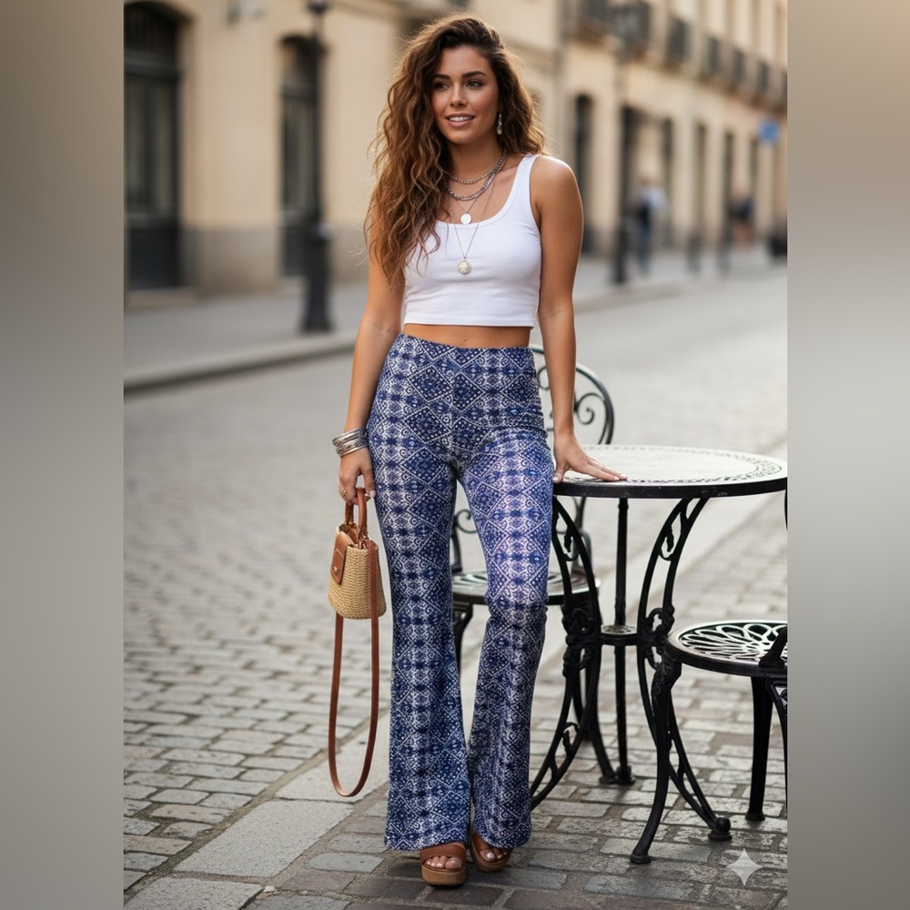 Design Lab Lord & Taylor Boho Geometric Flare Leg Pants Blue White Medium